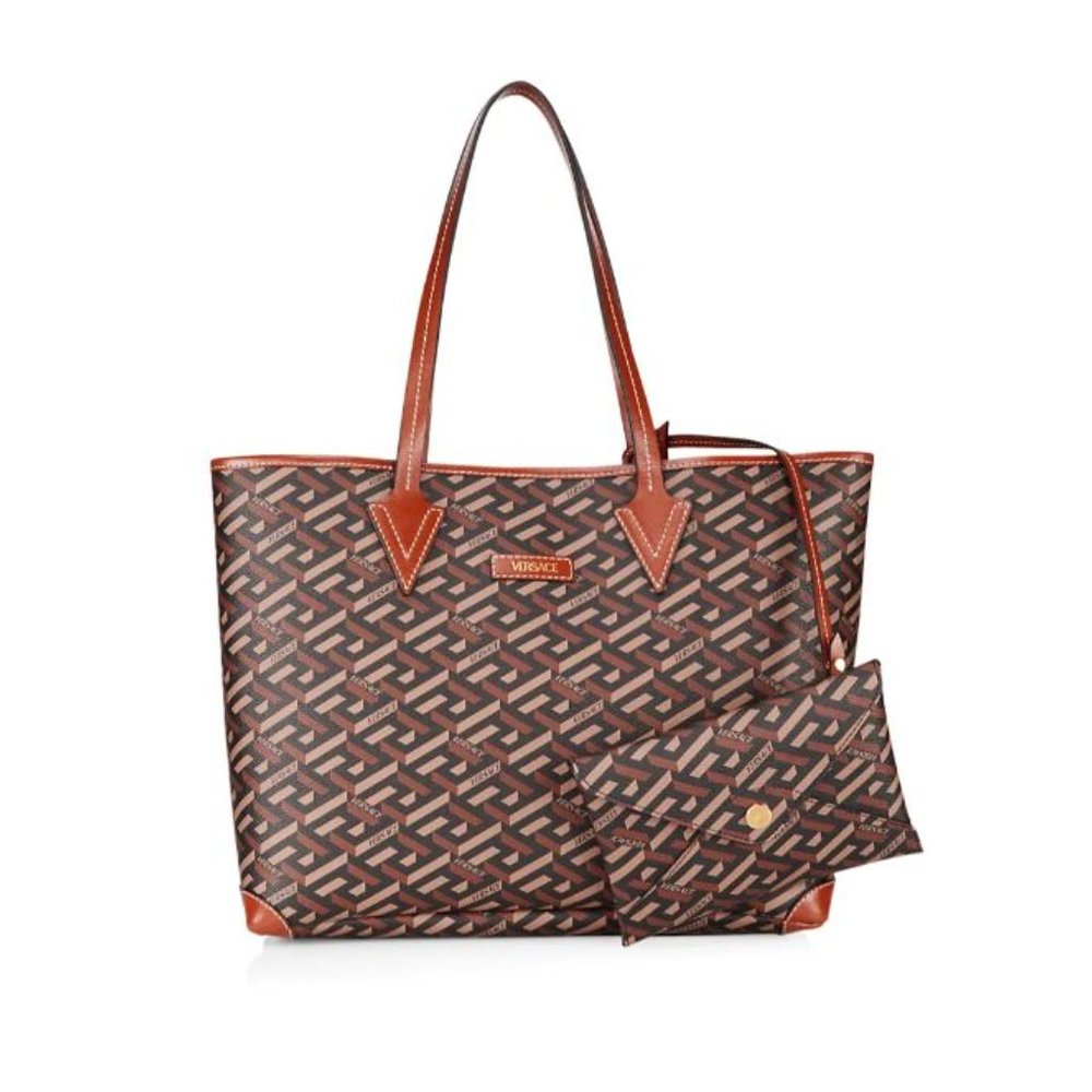 Versace Greca Monogram Coated Canvas Tote With Pouch Black Cream Gold - Picture 1 of 10